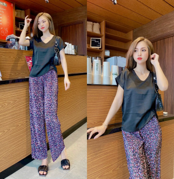 bán sỉ đồ bộ nữ áo satin quần dài xếp ly