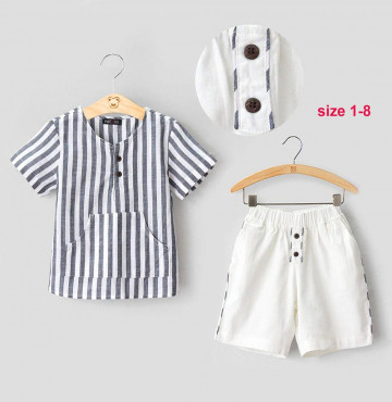 Bán sỉ set bé trai áo vải kate sọc- BT2280502