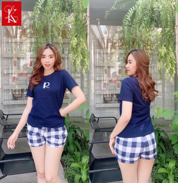 bán sỉ set bộ nữ áo thêu chữ R quần sọc caro