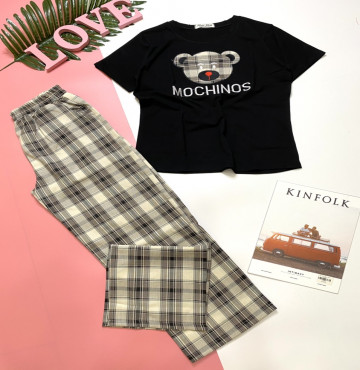 bán sỉ đồ bộ áo thun thêu gấu quần sọc caro ống suông