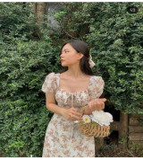 bán buôn đầm midi hoa nâu xếp ngực xẻ tà