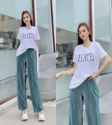 bán sỉ set bộ nữ áo thun thêu chữ cotton quần dài dập ly