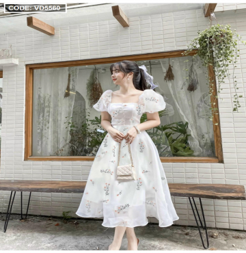 bỏ sỉ đầm midi hoa cổ vuông nút bọc