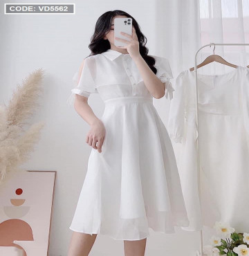 bỏ sỉ đầm voan trắng xoè khoét tay tiên