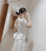 bán sỉ maxi màu trắng cổ vuông nơ lưng tay bồng