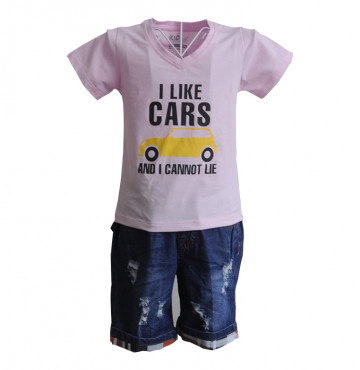 Bán sỉ Kidset áo thun cổ tim màu trắng in chữ I like Car và quần jean short lưng bo