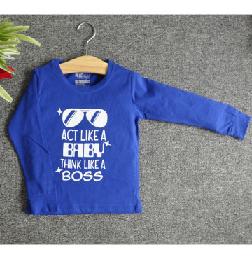 Bán sỉ áo thun trẻ em cổ tròn tay dài in chữ Think Like a Boss (Xanh bích)