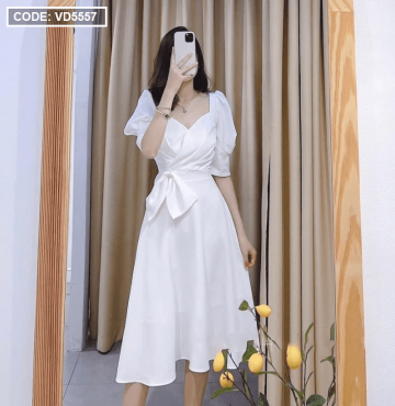 bán sỉ đầm midi nơ cổ V tay bồng