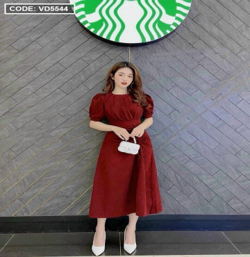 bán sỉ đầm cổ tròn tay bồng rút hông eo