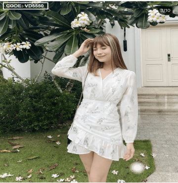 bán sỉ đầm trắng hoa đắp chéo nhún tầng đuôi cá