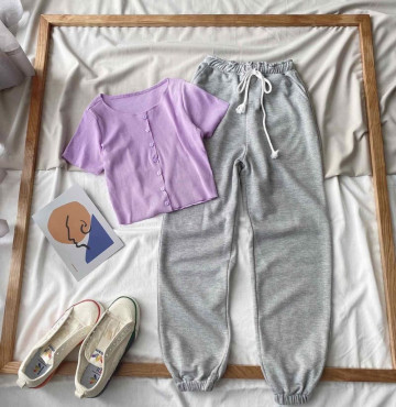 bán sỉ set crop tím kèm quần thun xám