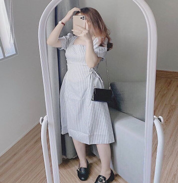 bỏ sỉ đầm caro đan dây eo xinh xắn
