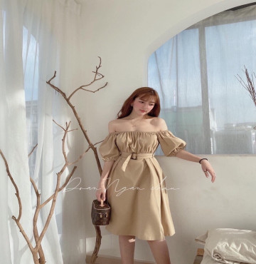 bỏ buôn đầm midi nude bệt vai thắt eo cực chanh xả