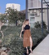 bỏ sỉ set áo ba lỗ phối chân váy xẻ đùi nâu