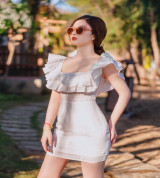 bán buôn đầm trễ  vai xếp ly cực sexy