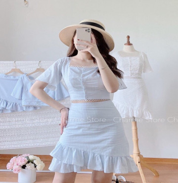 bỏ sỉ set áo crop viền ren phối chân váy bèo