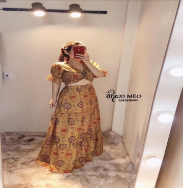 bán buôn set thổ cẩm cột nơ ngực kèm chân váy midi