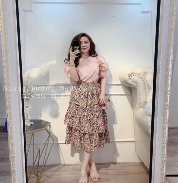 bỏ sỉ set áo hồng tay phồng chân váy hoa công sở