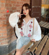 bán buôn áo thổ cẩm tay phồng trắng tinh tế