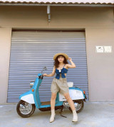 bán buôn set short kaki phối crop xanh nơ đính hoa