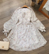 bán buôn đầm midi hoa tay bí cột nơ tay