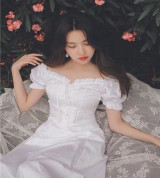 bán sỉ đầm maxi rút ngực trắng bo tay