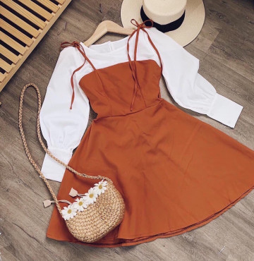 bán buôn set áo đầm kem chân váy xòe