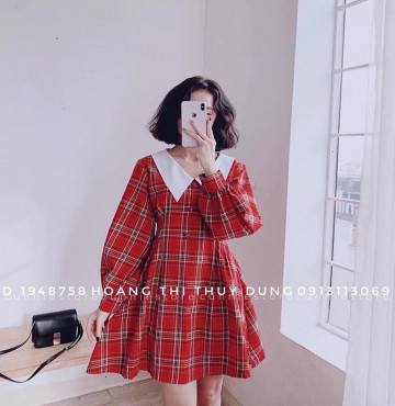 bán buôn đầm caro cổ sen