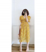 bán buôn đầm hoa bo eo cổ chữ v
