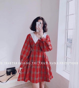 bán buôn đầm caro cổ sen