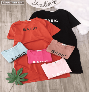 bán sỉ đầm thun nữ cổ tròn in chữ basic cao cấp