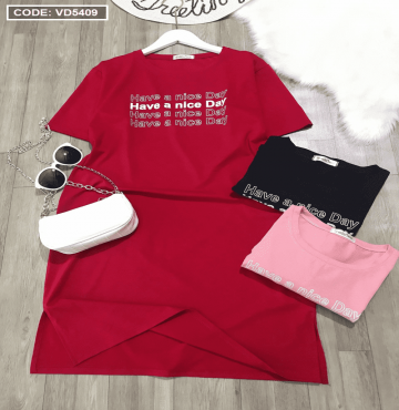 bán buôn đầm thun nữ in chữ have a nice day form rộng