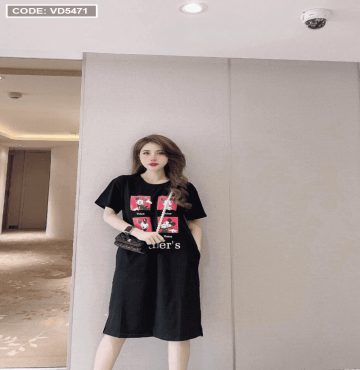 bán buôn đầm thun nữ cổ tròn form rộng in hình Mickey
