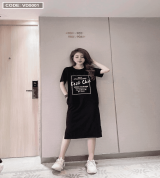 bán sỉ đầm thun nữ cổ tròn in chữ