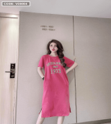 bỏ buôn đầm thun cổ tròn tay ngắn form suông xẻ tà