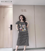 bán sỉ đầm thun sọc nữ in hình mickey cao cấp