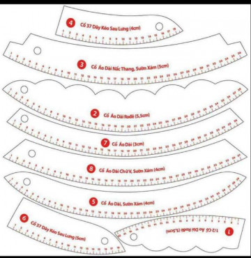 Bộ thước 8 cây vẽ cổ áo dài và các loại cổ áo khác