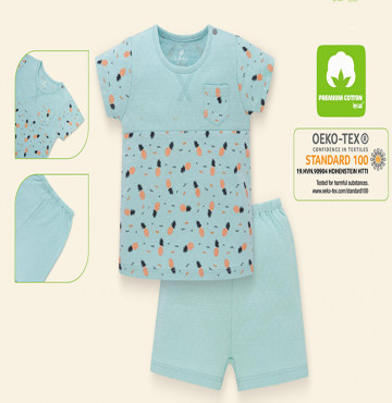 Bộ sơ sinh cộc tay bé trai cài vai Lullaby NH02B (xanh in)