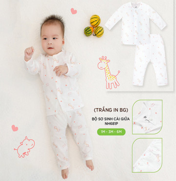 Bộ sơ sinh cài giữa dài tay Lullaby NH681P (trắng in BG)