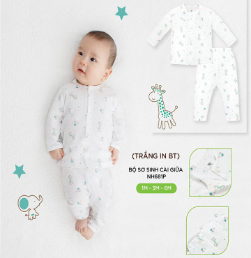 Bộ sơ sinh cài giữa dài tay Lullaby NH681P (trắng in BT)