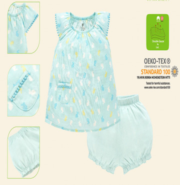 Bộ sơ sinh chun cổ bé gái Lullaby NHT09B (xanh in thỏ)