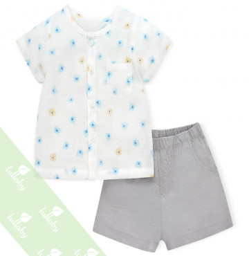 Bộ cộc tay bé trai cài giữa in hình gấu Lullaby (trắng)