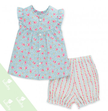 Bộ sơ sinh cộc tay bé gái cài giữa in hoa Lullaby NHT14-19 (xanh)