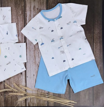 Bộ sơ sinh cộc tay cúc giữa in hình Bons99 (xanh)