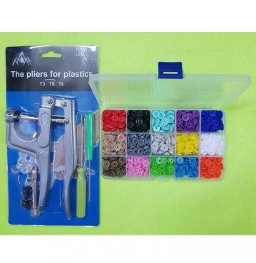 Bộ kìm bấm nút nhựa và hộp nút 15 màu