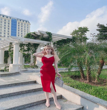 bỏ buôn đầm đỏ body vải cát nhật phối tay lưới