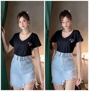 bỏ sỉ áo thun nữ cổ tim thêu trái đào