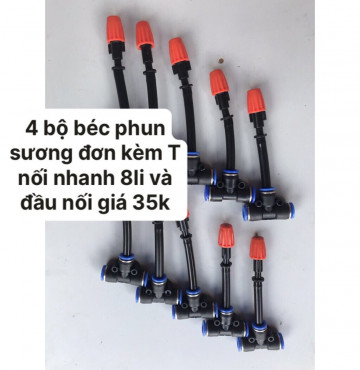 4 béc phun sương đơn kèm T nối nhanh 8li và đầu nối