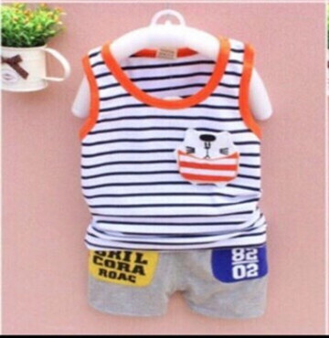 Bán sỉ bộ đồ thun sát nách cotton hình thêu sọc xanh viền cam Little Lulu