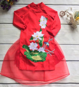 Bỏ buôn bộ áo dài bé gái thêu hoa sen (2-7T)